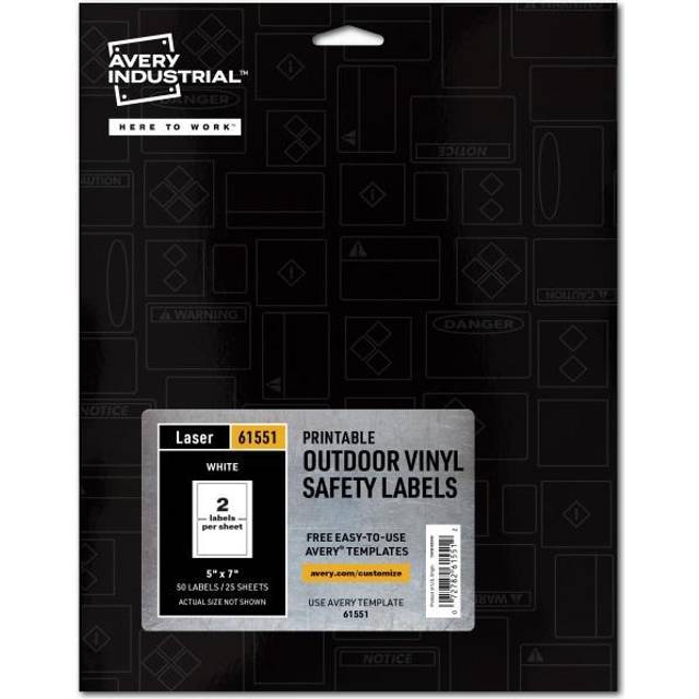"Avery Industrial Outdoor Vinyl Sign Labels  5"""""""" x 7""""""""  Permanent  Laser Printable  White  50 Blank Signs (61551)"