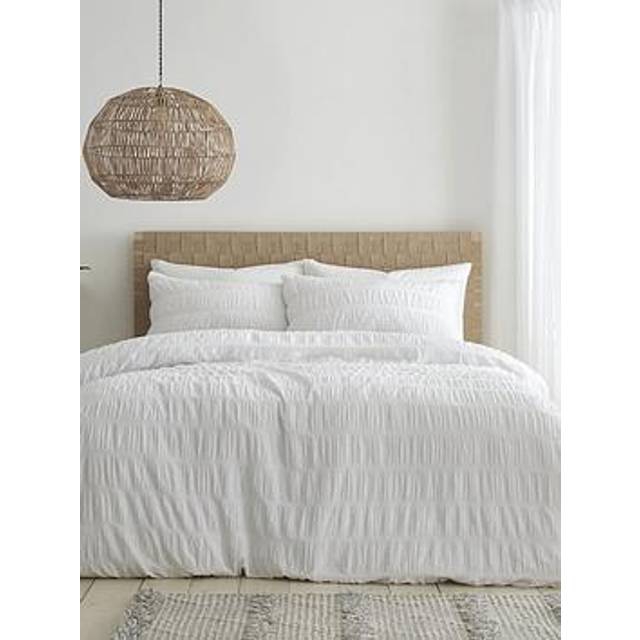 Seersucker Duvet Cover Set with Pillowcases - White (Super King Duvet Cover + 2 Standard Pillowcases)