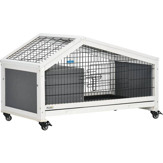 PawHut Rabbit Cage with Water Bottle - Wheels - Plastic Slide-Out Tray - Dark Grey | TJ Hughes