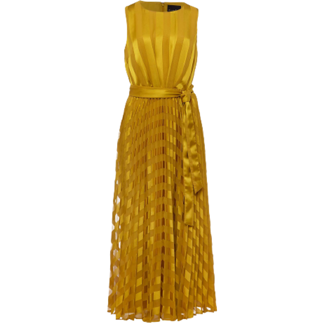 Beverley Stripe Jacquard Midi Dress - Chartreuse - Phase Eight's Beverly dress will wow at your upcoming occasions with its pleated ribbon-striped design in a yellow tone. Cinched at the waist with a tonal belt, this flowing silhouette looks best with barely-there strappy sandals and a clutch.