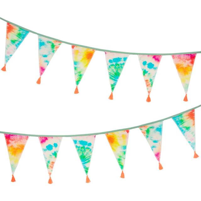 Tie Dye Rainbow Fabric Bunting with Tassels - 3m | Indoor Outdoor Triangle Flag Pennant Garland, 100% Cotton, 60s 70s Hippie Party Decorations,