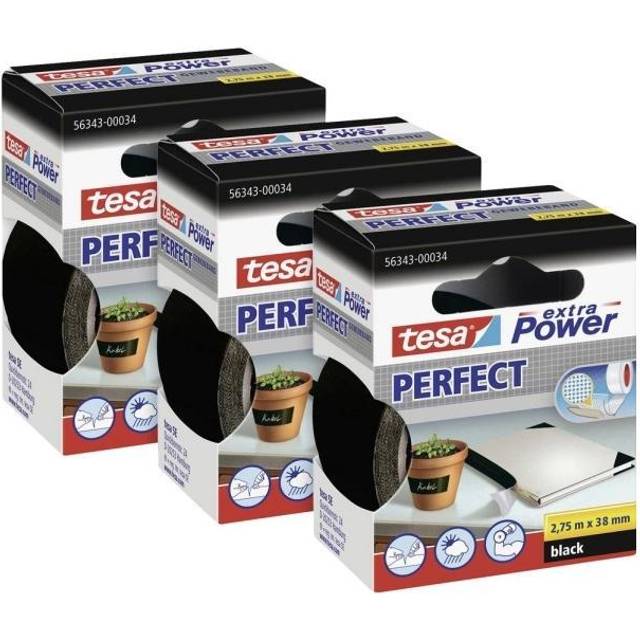 tesa extra Power Perfect Fabric Tape in Pack of 3 Fabric-Reinforced Ductape for Crafts, Attaching, Reinforcing and Labelling Black 3 Rolls Each 2.75 m