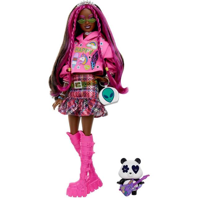 Doll with Pet Panda, Barbie Extra, Kids Toys, Clothes and Accessories, Pink-Streaked Brunette Hair, Graphic Hoodie and Plaid Skirt, HKP93