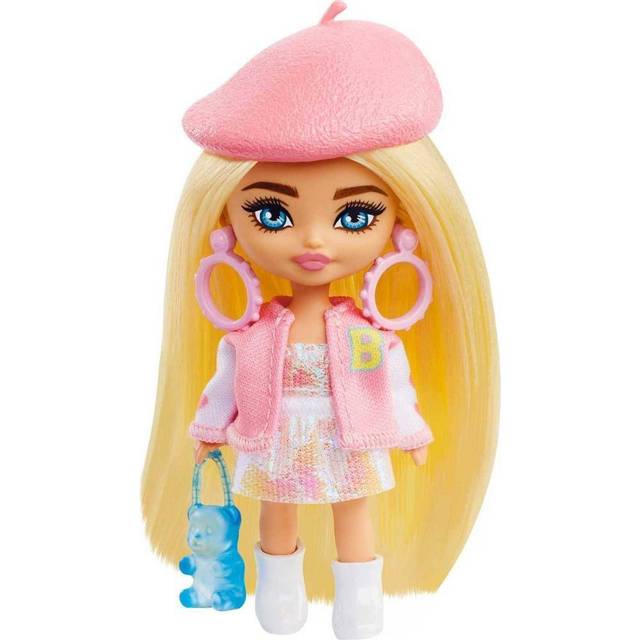 Barbie-docka, Barbie Extra Mini Minis, blond docka med hårspänne och collegejacka, handväska i form av gummibjörn, barnleksaker, kläder och accessoarer, HLN48