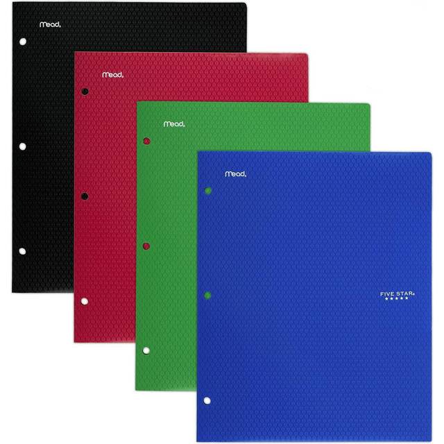 Five Star 2 Pocket Folders  4 Pack  Stay-Put Folders  Plastic Colored Folders with Pockets & Prong Fasteners for 3-Ring Binders  11  x 8-1/2