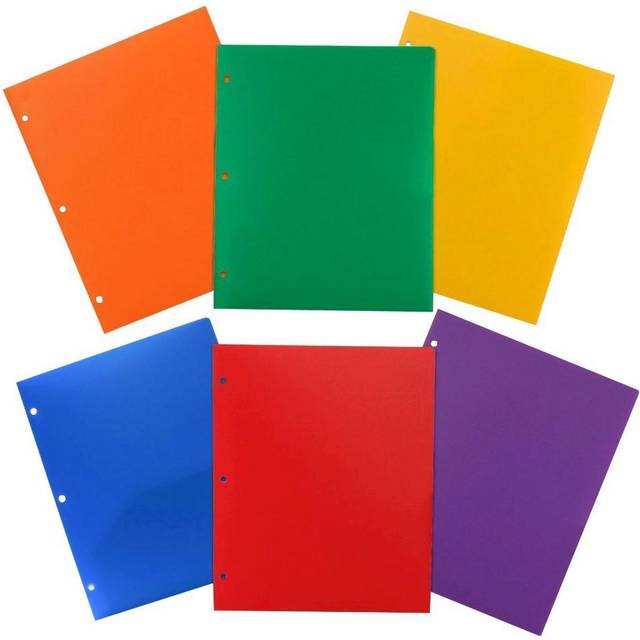 JAM PAPER Heavy Duty Plastic 3 Hole Punch Pocket Folders - Extra Tough School Folders - Assorted Primary Colors - 6/Pack