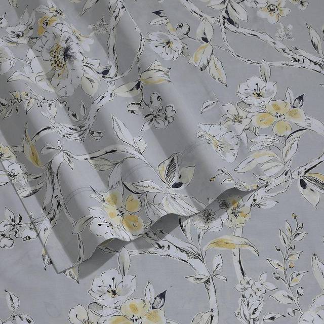 Tribeca Living Queen Bed Sheet Set  300 Thread Count Soft Cotton Sateen  Floral Print with Extra Deep Pockets  4-Piece Bedding Set  Colmar Silver Grey