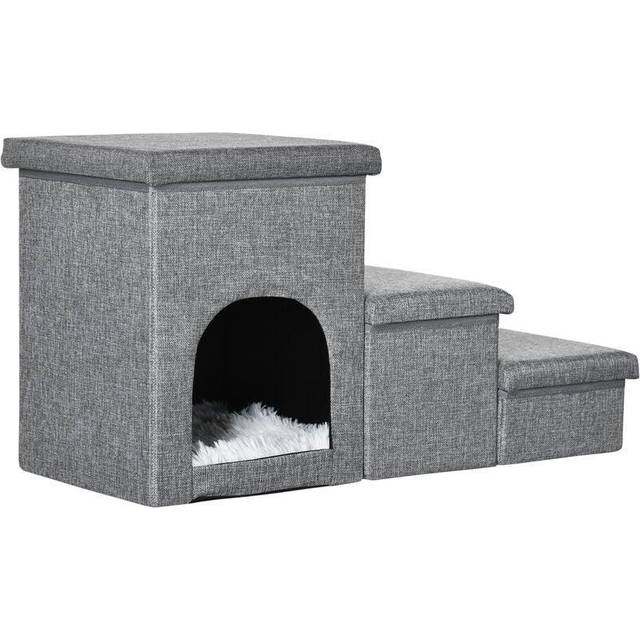 PawHut 3 Step Dog Steps for Bed w/ Cat House Storage Boxes for Sofa Grey | TJ Hughes