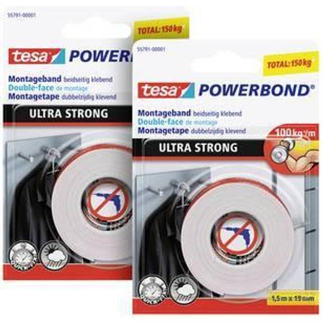 tesa Powerbond ULTRA STRONG i 2-pack - Dubbelsidig, extra stark monteringstejp för permanent montering utomhus och inomhus - 1,5 m