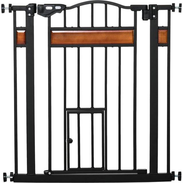 PawHut Dog Gate Pet Safety Gate W/ Cat Door Auto Close Pine Decor 74-80 cm Wide | TJ Hughes