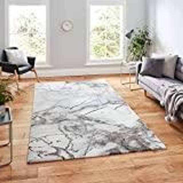 (160x220cm) Craft 23270 Marble Effect Rugs in Ivory Silver Dense Soft Mats