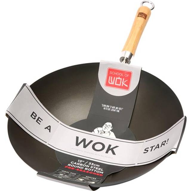 School of Wok 13 Inch Pre Seasoned Round Bottom Wok - Black