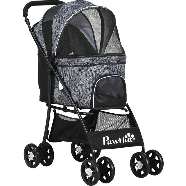 Pawhut Pet Stroller Dog Pushchair Cat Travel Carriage Foldable Carrying Bag W/ Universal Wheels, Brake Canopy For Xs & S Sized Pets, Grey