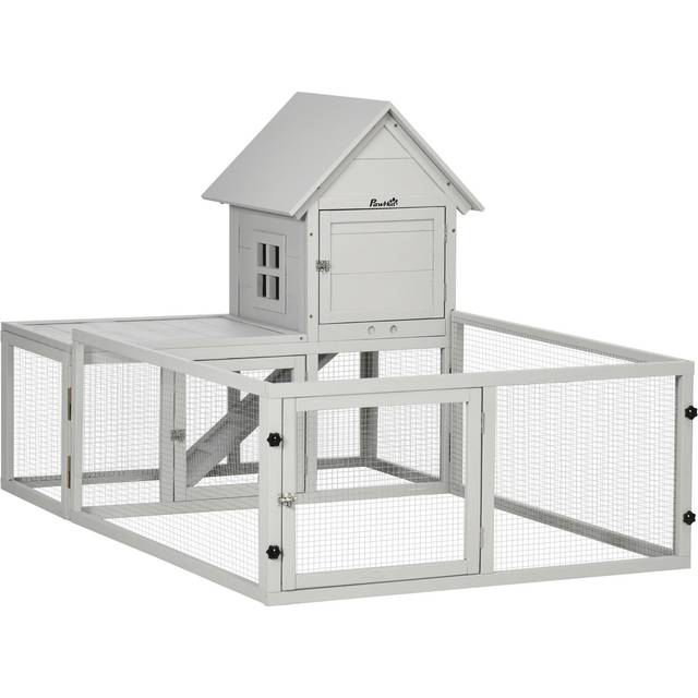 PawHut Indoor Rabbit Hutch Guinea PIG Cage W/Slide-Out Tray, Fenced Area - Grey