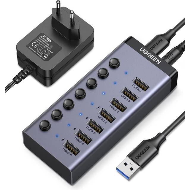 Ugreen Hub USB-C till 7x USB-A 3.0, PD, DC 12V - Grå