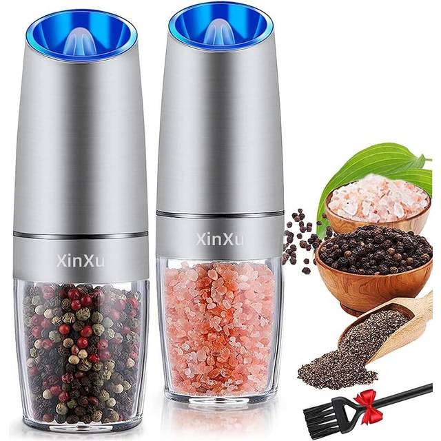 Gravity Electric Pepper Grinder Salt and Pepper Mill Adjustable Coarseness Battery Powered with LED Light One Hand Automatic Operation