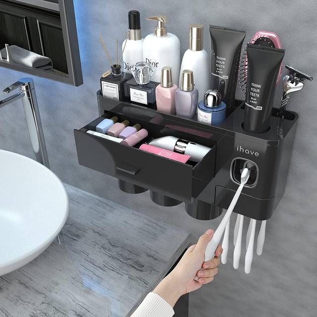 iHave Toothbrush Holders for Bathrooms 3 Cups Toothbrush Holder Wall Mounted with Toothpaste Dispenser - Large Capacity Tray Cosmetic Drawer - Bathroo