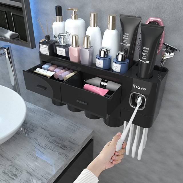 Toothbrush Holders Bathroom Storage, 4 Cups Toothbrush Holder Wall Mounted with Toothpaste Dispenser, Large Capacity Tooth Brush Holder Bathroom