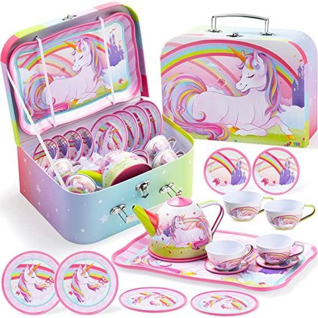 Unicorn Tea Set for Toddlers Tea Party Set for Children Kids Pretend Role Play Tin Teapot Set with Cups, Plates and Carrying Case Kitchen Toy for