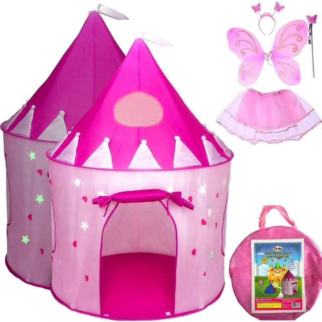 Playz 5-Piece Princess Castle Girls Pop Up Play Tent & Dress Up Costume Bundle - Playhouse Gift for Girls & Toddler for Indoor & Outdoor Use with Pink