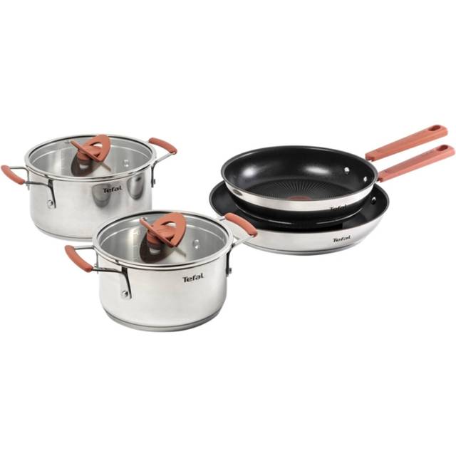 Tefal G720S604 Set of 6p Optispace Frying Pan, 24 cm and 28 cm, 18 cm Saucepan 20 cm + Lid, Stainless Steel