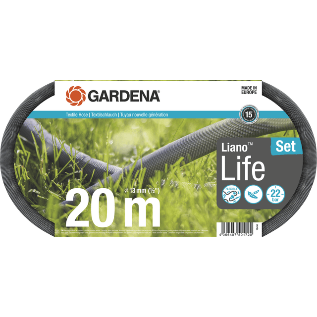 Gardena Liano Life Textilschlauch 1/2 Zoll, 20m Set: Hochflexibler Gartenschlauch aus Textilgewebe, mit PVC-Innenschlauch, kein Abknicken, leichtgewichtig, wetterbeständig (18450-20), Updated