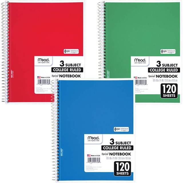 "Mead Spiral Notebook  3 Subject  College Ruled Paper  120 Sheets  10-1/2"""""""" x 8""""""""  Color Selected For You  1 Count (05748)"