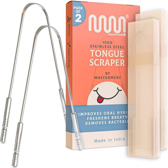 MasterMedi tungskrapa med resefodral (2-pack), dålig andedräktsbehandling tungskrapa för vuxna, medicinsk kvalitet 100 % rostfritt stål för munvård, lättanvänd tungrengörare för hygien