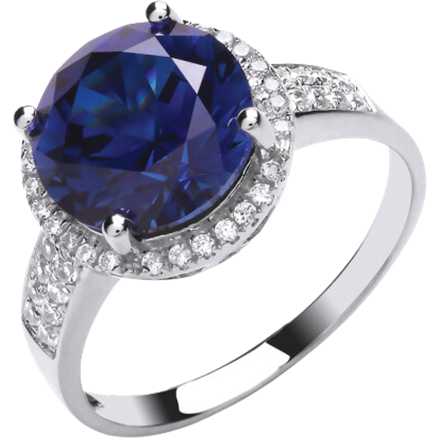 (O) Jewelco London Ladies Rhodium Plated Sterling Silver Blue Cubic Zirconia Halo Solitaire Engagement Ring