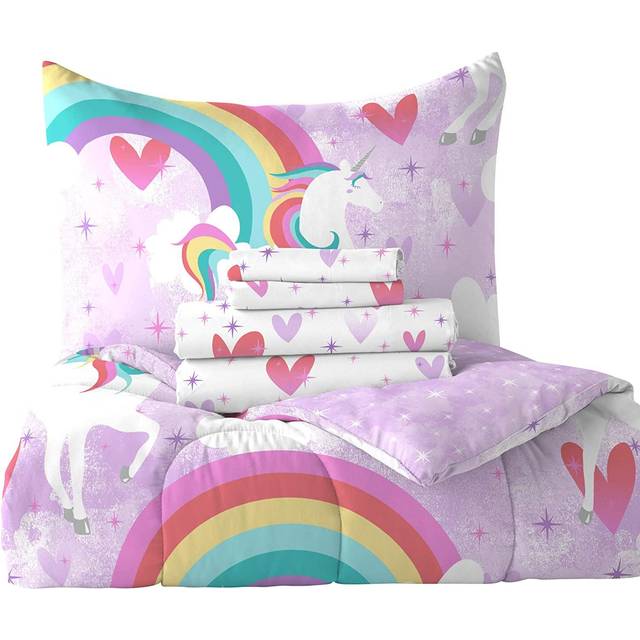 dream FACTORY Kids 5-Piece Complete Set Easy-Wash Super Soft Microfiber Comforter Bedding  Twin  Purple Unicorn Rainbow