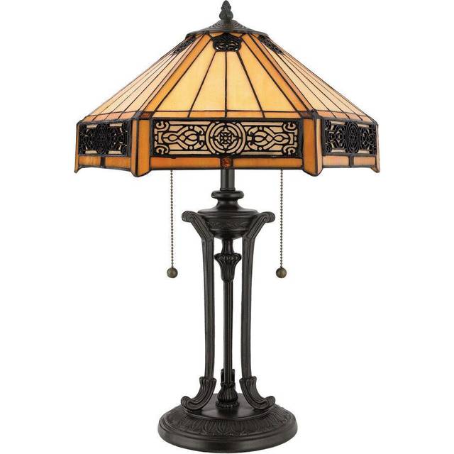 2 Bulb Twin Table Lamp Tiffany Style Coloured Glass Vintage Bronze LED E27 60W