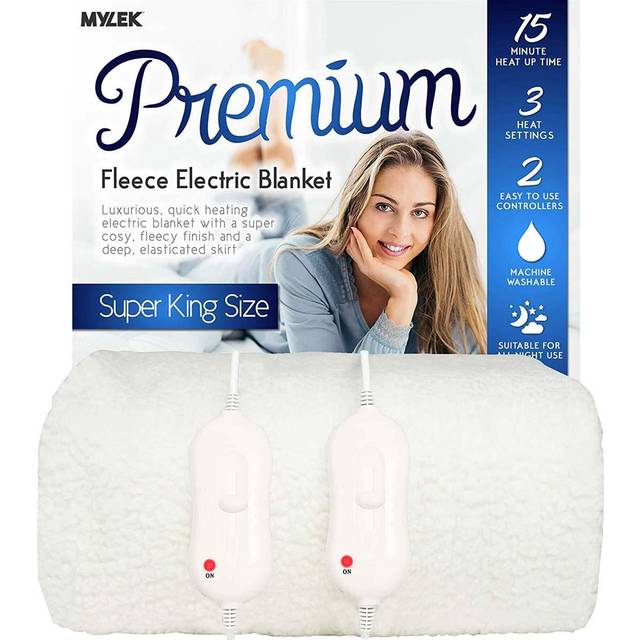 Mylek Electric Blanket Super King Bed Fitted Heated Fleece Mattress Cover Dual Control With Elasticated Skirt - Size 200 X 182Cm, White
