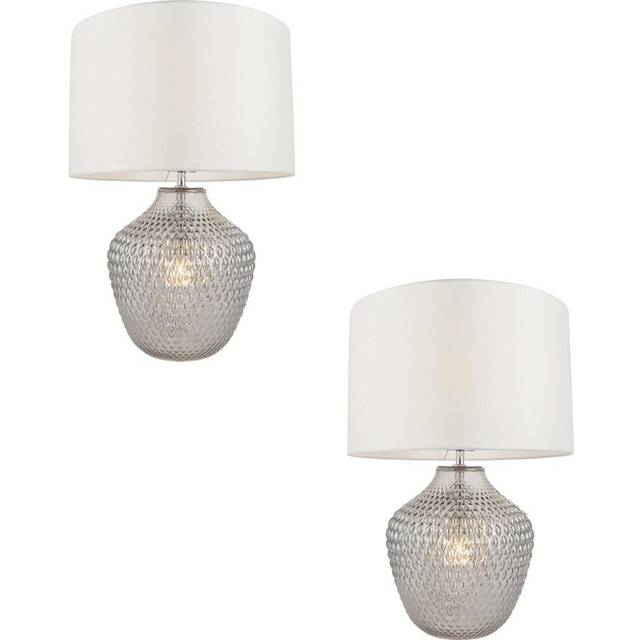 2 PACK Grey Tinted Faceted Glass Twin Table Lamp & Vintage White Fabric Shade