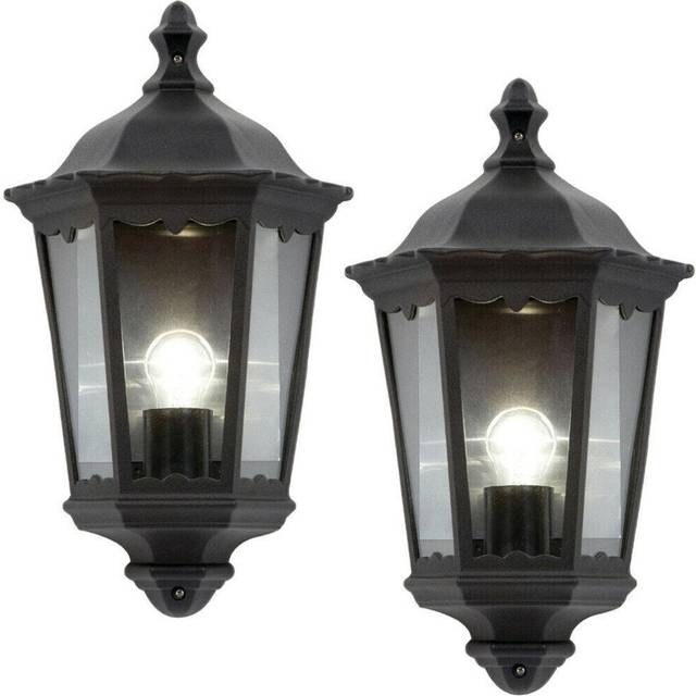 2 PACK IP44 Outdoor Wall Light Matt Black Traditional Lantern Porch Flush Lamp