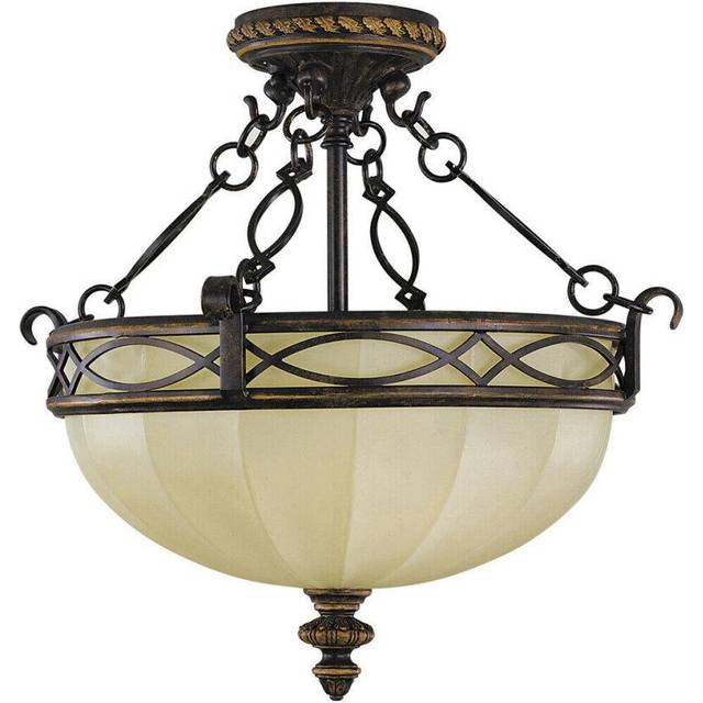 2 Bulb Semi Flush Light Fretwork Faceted Glass Uplight Walnut LED E27 100W