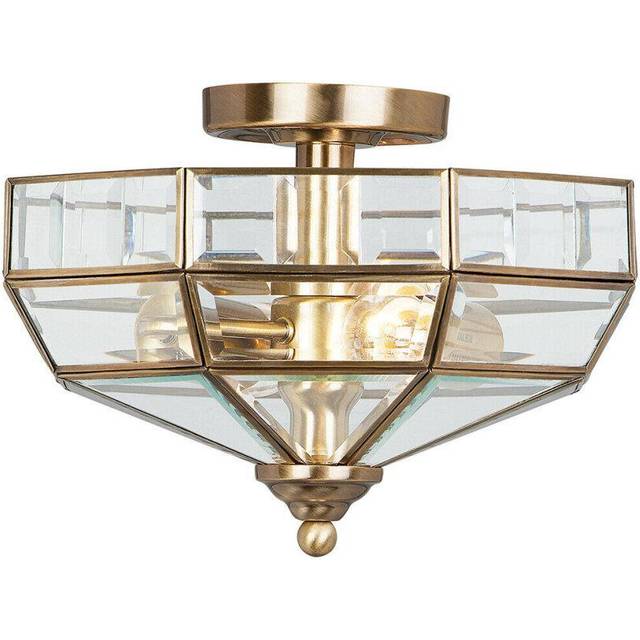 2 Bulb Semi Flush Light BevelLED Clear Glass Panels Antique Brass LED E27 60W