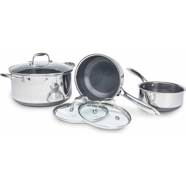 HexClad Hybrid Pot Set of 6 Safe to Manufacturer Direct Sales with Lifetime Tempered Glass with Lid [Non-stick Treatment] IH/Oven/Dishwasher (Limited silver