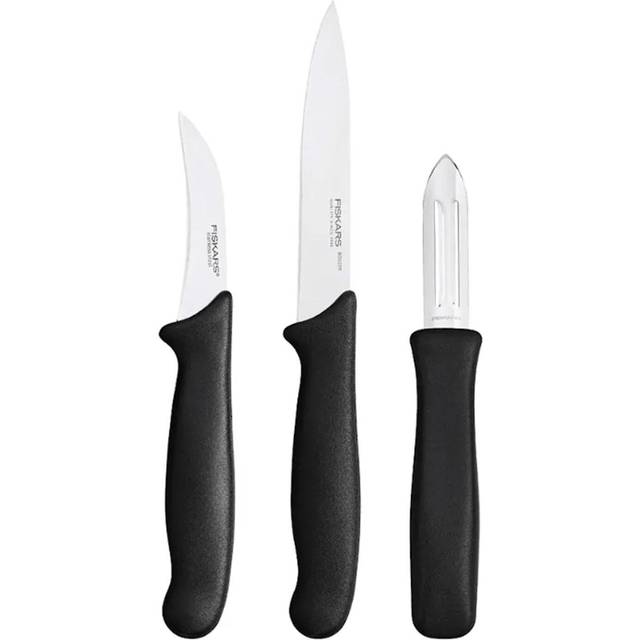 Fiskars skalningsset, 3 delar, skalkniv (11 cm blad), grönsakskniv (7 cm blad), skalare (7 cm blad), Essential, rostfritt stål / PP-plast, svart, 1065600