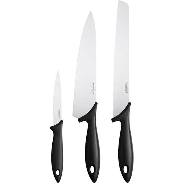 Fiskars Starter Set, 3-delad knivuppsättning, kockkniv, brödkniv, parkniv (bladlängder: 20 cm, 23 cm, 11 cm), Essential, rostfritt stål / PP-plast, Svart, 1065583