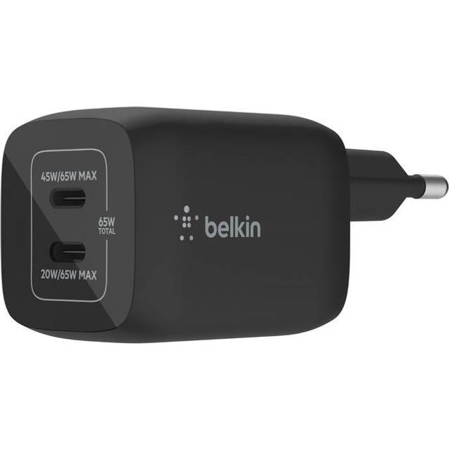 Belkin 65W GaN Dual PD/PPS mini snabbladdare för laptop, mobil, sufplatta Svart