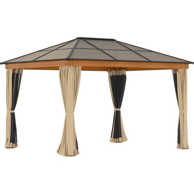 Outsunny Hardtop Gazebo Polycarbonate Canopy with Nettings and Sidewalls Khaki | TJ Hughes