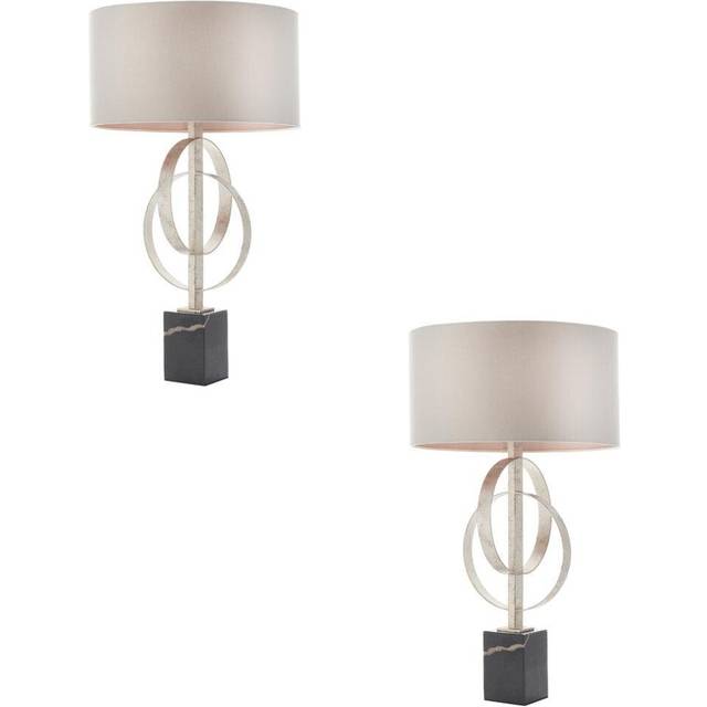 2 PACK Antique Silver Table Lamp & Mink Satin Shade Black Marble Base Desk Light