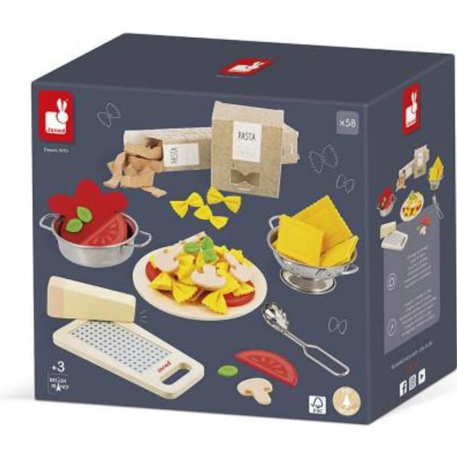 Janod - Pasta Mix - Pasta Set - Pretend Play Kitchen & Tea Set Toy - 58 Wooden  Cardboard and Felt Pieces Included - Water-Based Paints - 3 Years + J0