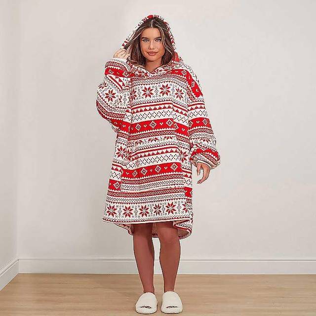 Dreamscene Nordic Print Hoodie Blanket Oversized Coral Fleece Sherpa Throw - Red - One Size