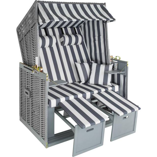 (grey/white) Wicker Chair Outdoor Beach Sunbed with Pillows Roofed Recline Sun Lounger