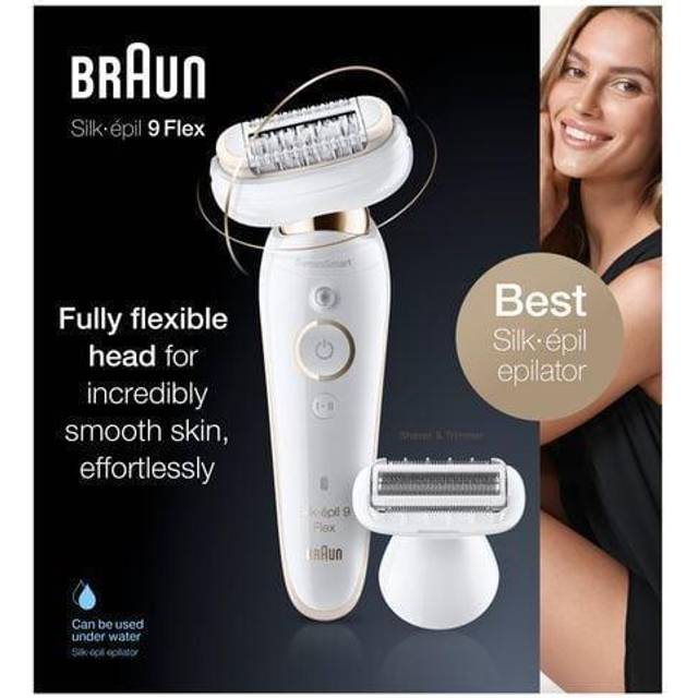 Braun Silk-épil 9 Flex Epilator dam, 5 tillbehör, väska, med flexibelt huvud för enkel hårborttagning, mors dag gåva, 9-006, vit/guld
