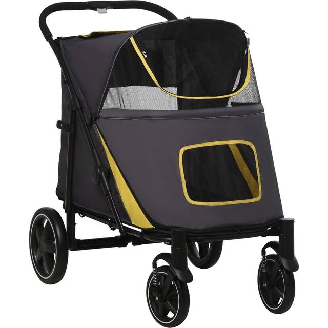 Pawhut Pet Stroller With Universal Front Wheels, Shock Absorber, One Click Foldable Dog Cat Carriage With Brakes, Storage Bags, Mesh Window Red