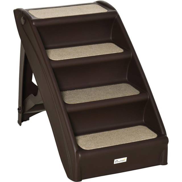 PawHut Four-Step Foldable Pet Stairs w/ Non-Slip Mats - for S - XS Dogs - Brown | TJ Hughes