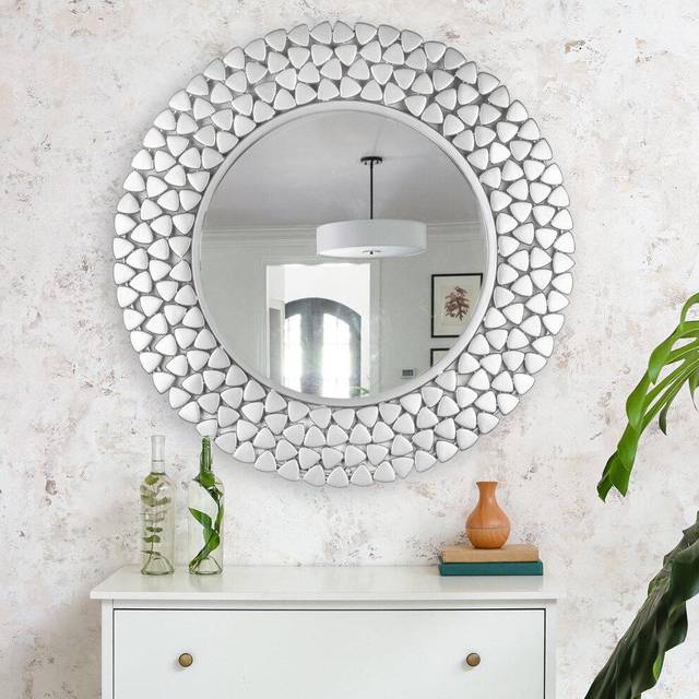 Topaz Nickel Cut Wall Mirror For Hallway, Metal Frame, Silver, 79cm Round. - Silver - White