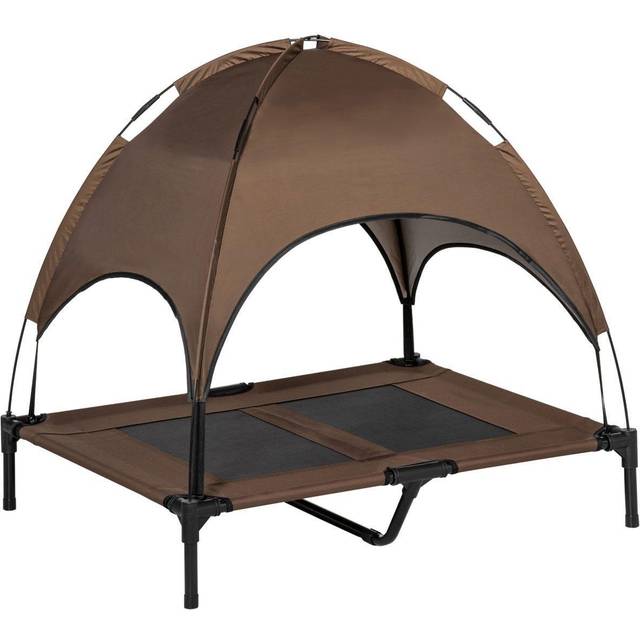 PawHut Raised Dog Bed Waterproof Elevated Pet Cot with Breathable Mesh UV Protection Canopy Coffee - for Large Dogs - 92 x 76 x 90cm | TJ Hughes